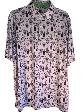 Grunk Dolfer Golf Shirt White Polo Black Green Novelty Print Skull Cactus Taco L